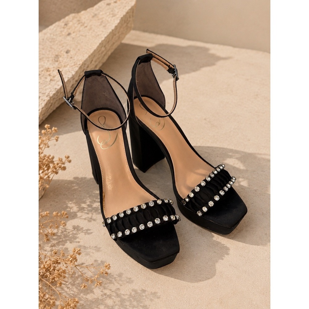 Sam Edelman Ninette Black Satin Rhinestone Platform Block Heel Sandals 7M